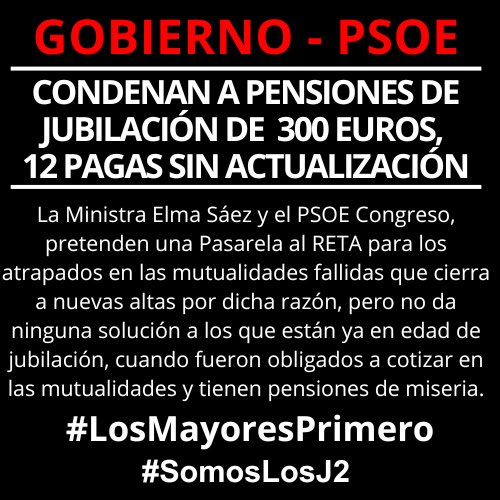 ¿Será, entonces, <a href="/gpscongreso/">PSOE Congreso</a>, que abogados y procuradores mutualistas somos ciudadanos de 2ª y no merecemos seguridad, pese a una vida cumpliendo, cotizando y pagando impuestos?
Vds toleran que nuestras pensiones no sólo no se actualicen sino que sean de 300€/mes, en 12 pagas