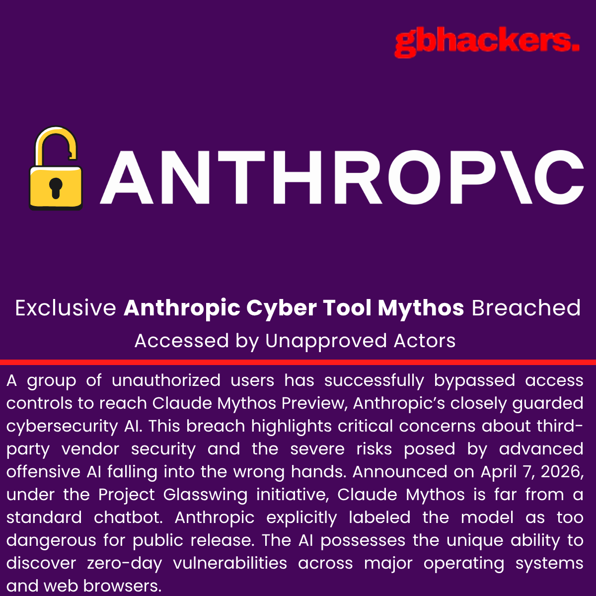 gbhackers_news's tweet image. 🚨 Exclusive Anthropic Cyber Tool Mythos Accessed by Unapproved Actors | Source: gbhackers.com/exclusive-anth… #cybersecuritynews