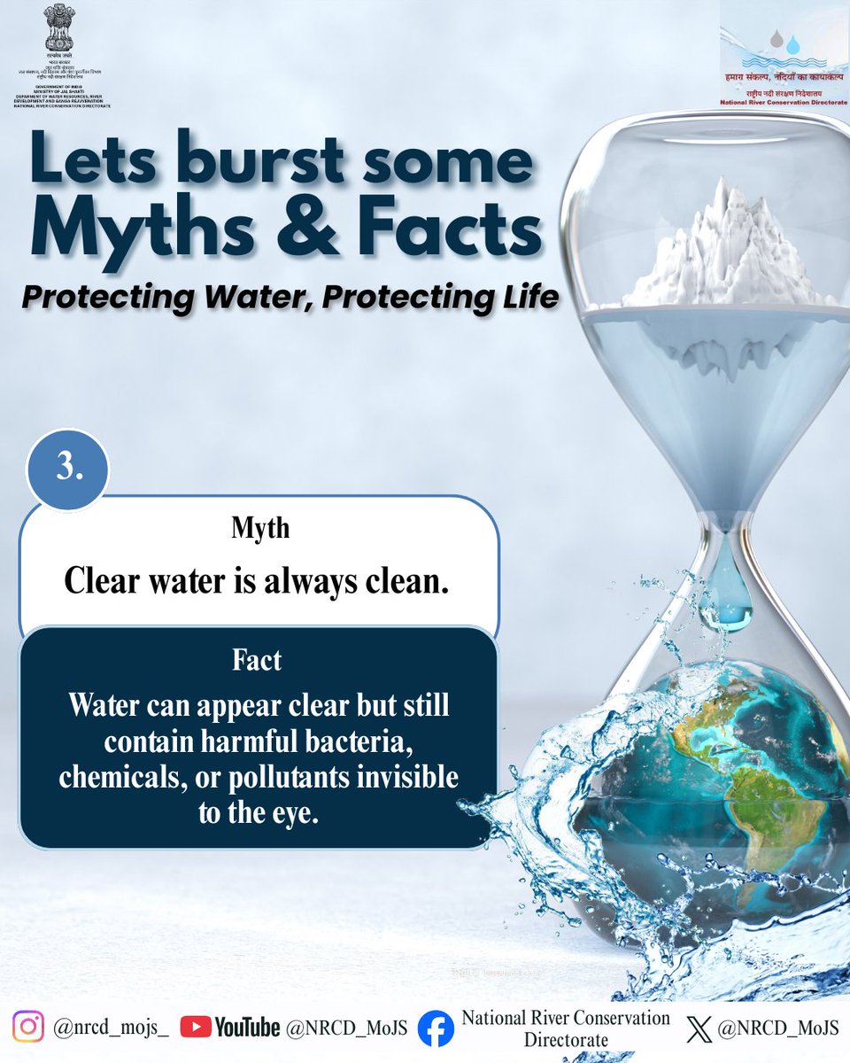 NRCD_MoJS's tweet photo. Let’s burst some myths & facts 💧Clear water isn’t always clean hidden pollutants can still harm.
#WaterAwareness #MythVsFact #CleanWater #WaterConservation #SaveWater #WaterConservation #WaterTrade #SaveWater #JalShakti
@cleanganganmcg @NWIC_MoJS @NDSA_DoWR @NCA_Indore @cgwbner @DoWRRDGR_MoJS