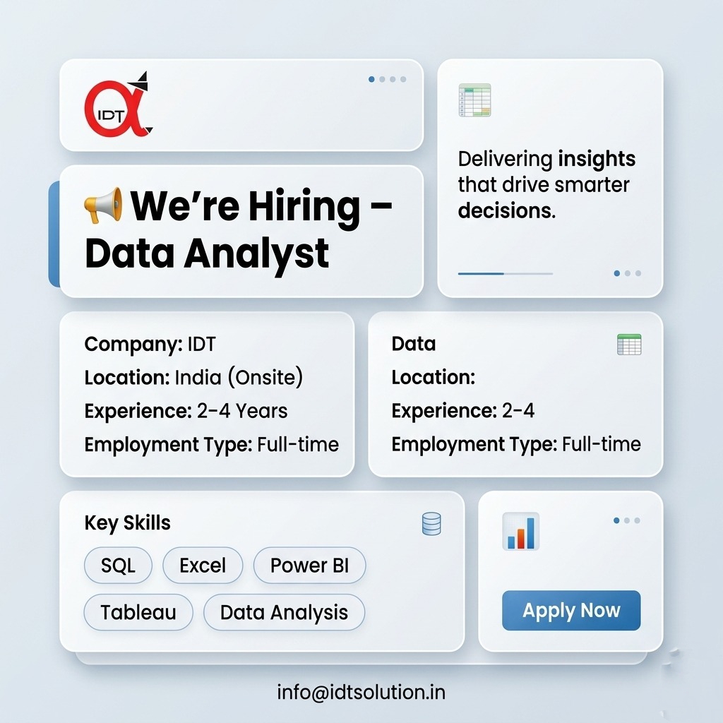 DhasIdt97753's tweet photo. 🚀 We’re Hiring: Data Analyst

🏢 Company: IDT Solutions

📍 Location: India (Onsite)

⏰ Employment Type: Full-time

💻 Skills Required:
SQL, Excel, Power BI, Tableau, Data Analysis, Reporting

📩 Apply Now: info@idtsolution.in

#DataAnalyst #Analytics #DataJobs #HiringIndia https://t.co/OXm3dYcQU1