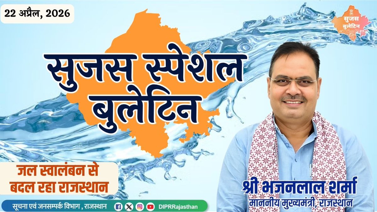DIPRRajasthan's tweet image. सुजस स्पेशल बुलेटिन
22 अप्रैल, 2026 

जल स्वालंबन से बदल रहा राजस्थान youtu.be/wV10tSzoUw0

@BhajanlalBjp @KumariDiya @DrPremBairwa @RajCMO @RajGovOfficial
#DIPRRajasthan #Rajasthan #RajasthanNews #आपणो_अग्रणी_राजस्थान #बढ़ता_राजस्थान_हमारा_राजस्थान