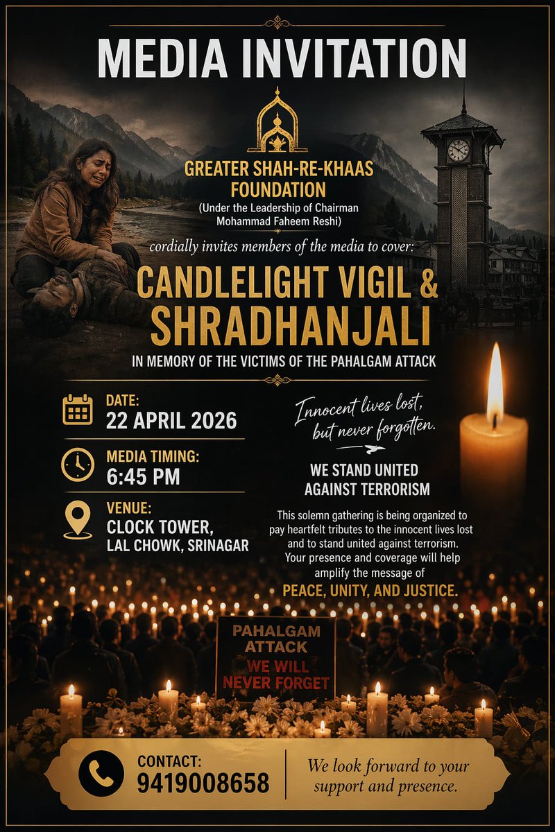 shumali_kashmir's tweet image. Honouring the innocent lives lost with a candlelight vigil—standing united in grief, strength and solidarity 🕯️🤍
A tribute to remember, reflect and reaffirm our stand against terrorism ✨
#NeverForget #StandUnited #PeaceAndUnity