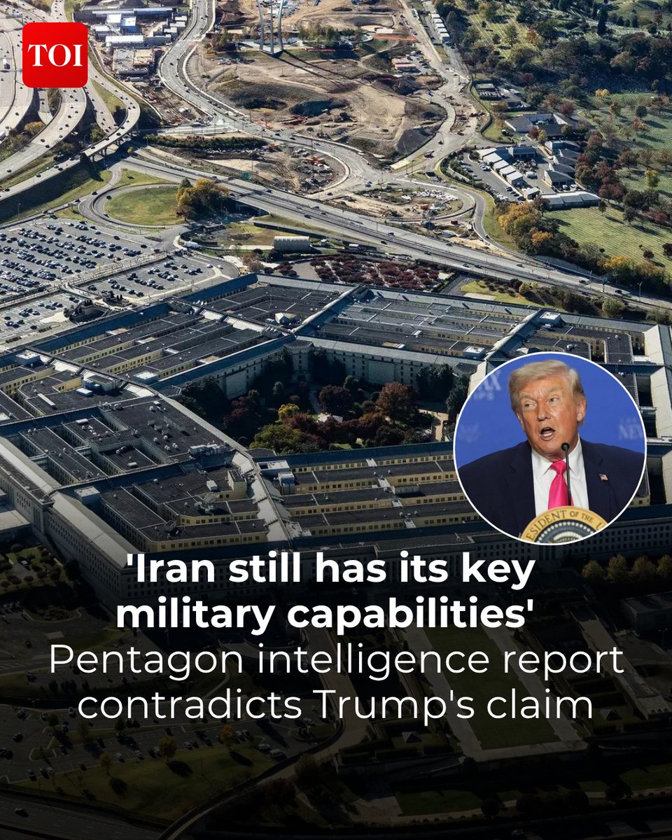 timesofindia's tweet image. A fresh assessment by the #Pentagon’s intelligence wing indicates that Iran still retains its “key military capabilities,” challenging earlier claims by US officials about severe degradation of #Tehran’s forces.

Track LIVE updates 🔗toi.in/usidosde
