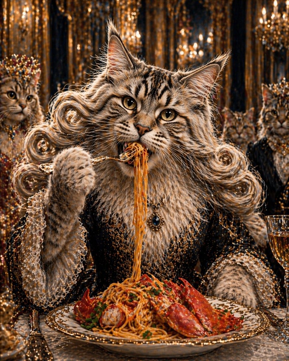 kNfRi1fynQUU3lw's tweet image. 横ロールメインクーン猫

オマール海老のパスタを

巻いて食べる

これは…縦巻きなのか？

※ロール叙事詩より

#ChatGPT #AIart