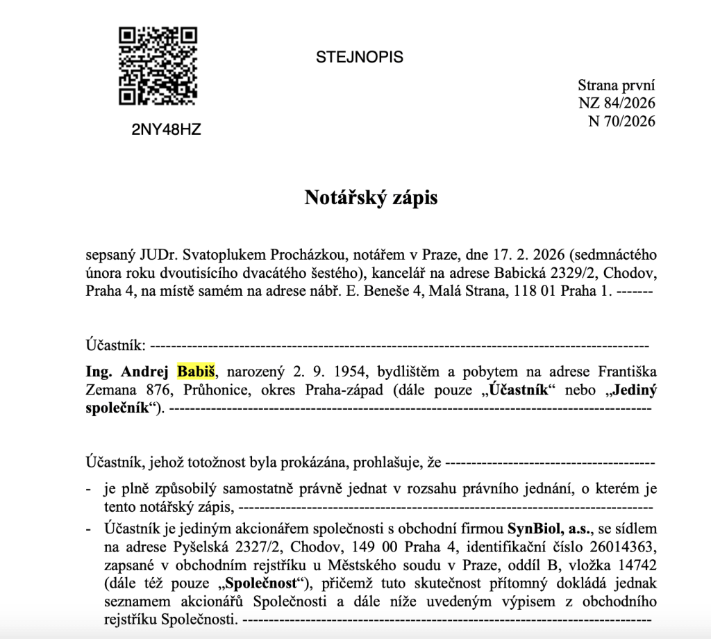 Babiš dál vlastní SynBiol. O jeho byznyse přitom rozhoduje vláda Babiše.

Letos v únoru AB u notáře sepsal dokument, kterým vyměnil představenstvo a dozorčí radu holdingu SynBiol. Zápis obsahuje jasné sdělení, kdo je jediným akcionářem SynBiolu.

neovlivni.cz/babis-dal-vlas…