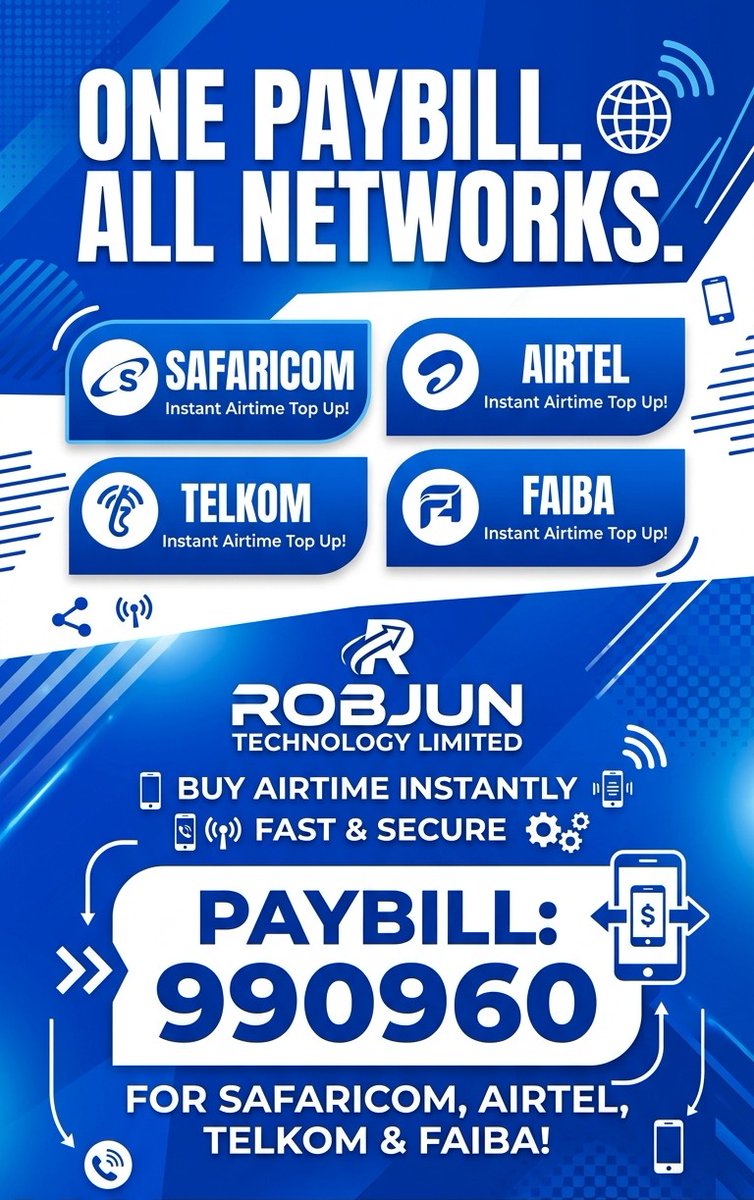 RobjunLimited's tweet image. Stay connected seamlessly with Robjun Technology Limited! Top up your airtime instantly, no matter which provider you use.
We support all major networks:
Simply use Paybill 990960 to get sorted in seconds.
#StayConnected #Safaricom #Airtel #Telkom #Faiba