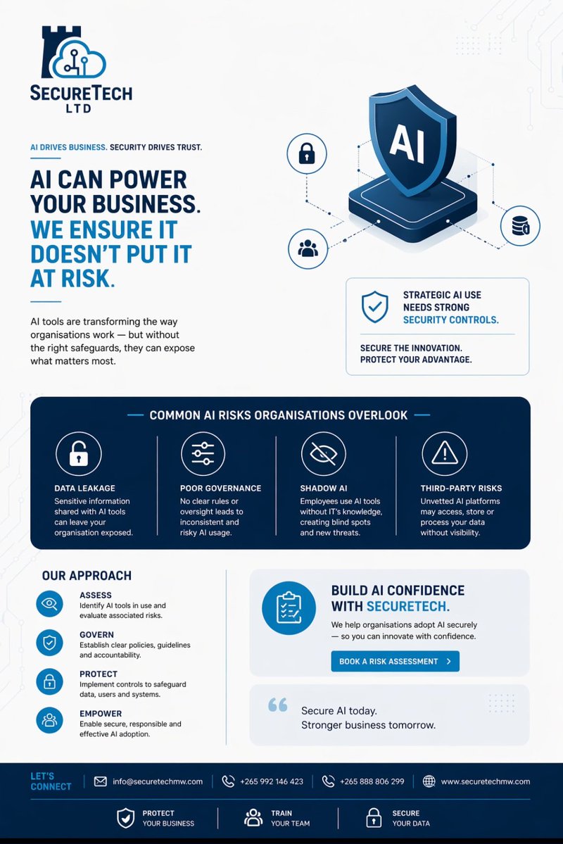 securetechmw's tweet image. AI can power your business. We ensure it doesn’t put it at risk.

Now is the time to move from usage to governance.

Reach out for an AI Security Risk Assessment:
info@securetechmw.com

#CyberSecurity #AI #InformationSecurity #DigitalTransformation #Malawi #DataProtection