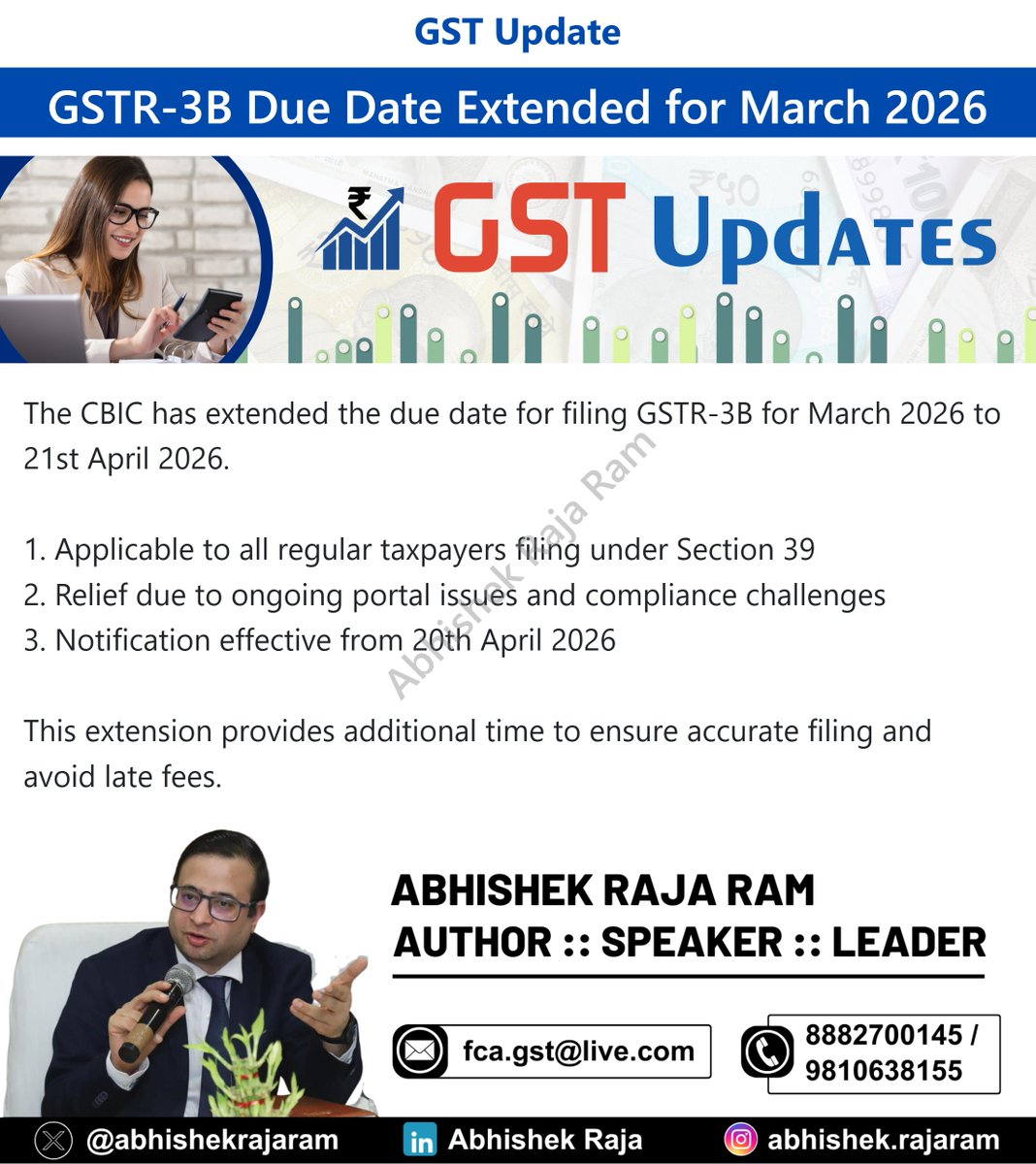 abhishekrajaram's tweet image. Central Board of Indirect Taxes and Customs (CBIC) India extended GSTR-3B due date for March 2026 to 21 April, giving taxpayers relief amid portal issues and helping ensure accurate filing without late fees.
#GST #GSTR3B #TaxUpdate

Stay updated on GST—join our WhatsApp group for