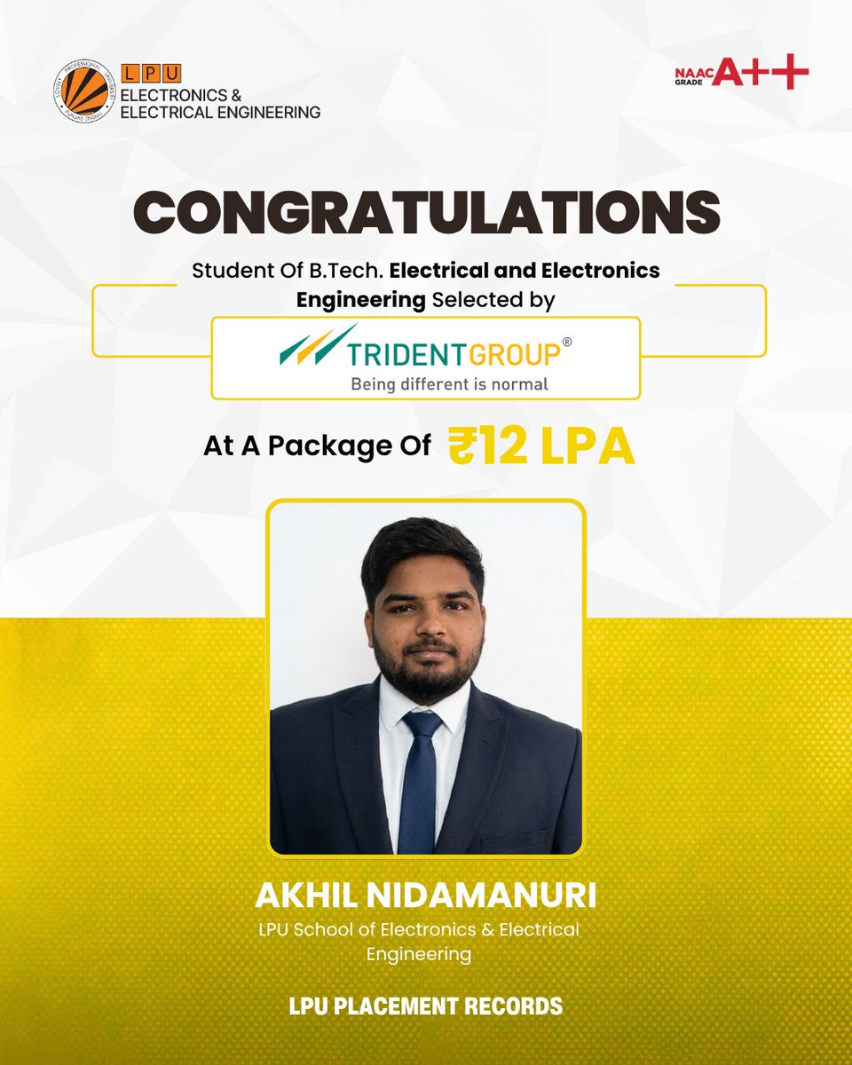 Success shines bright like a rising star as Akhil Nidamanuri secures placement at Trident Group with ₹12 LPA. His achievement stands tall like a milestone of dedication and excellence, inspiring future engineers to dream big and achieve more at SEEE, LPU. <a href="/lpuuniversity/">Lovely Professional University - LPU</a>   
#LPU