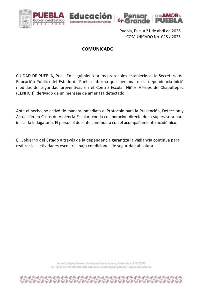 RobertoMH_'s tweet photo. #Entérate | La @SEPGobPue activó los protocolos de seguridad preventivos en el #CENCH, luego de la detección de mensajes amenazantes en los baños de dicha institución que alertaban sobre un presunto tiroteo para el día jueves de esta semana. https://t.co/1lG9WpsIT4