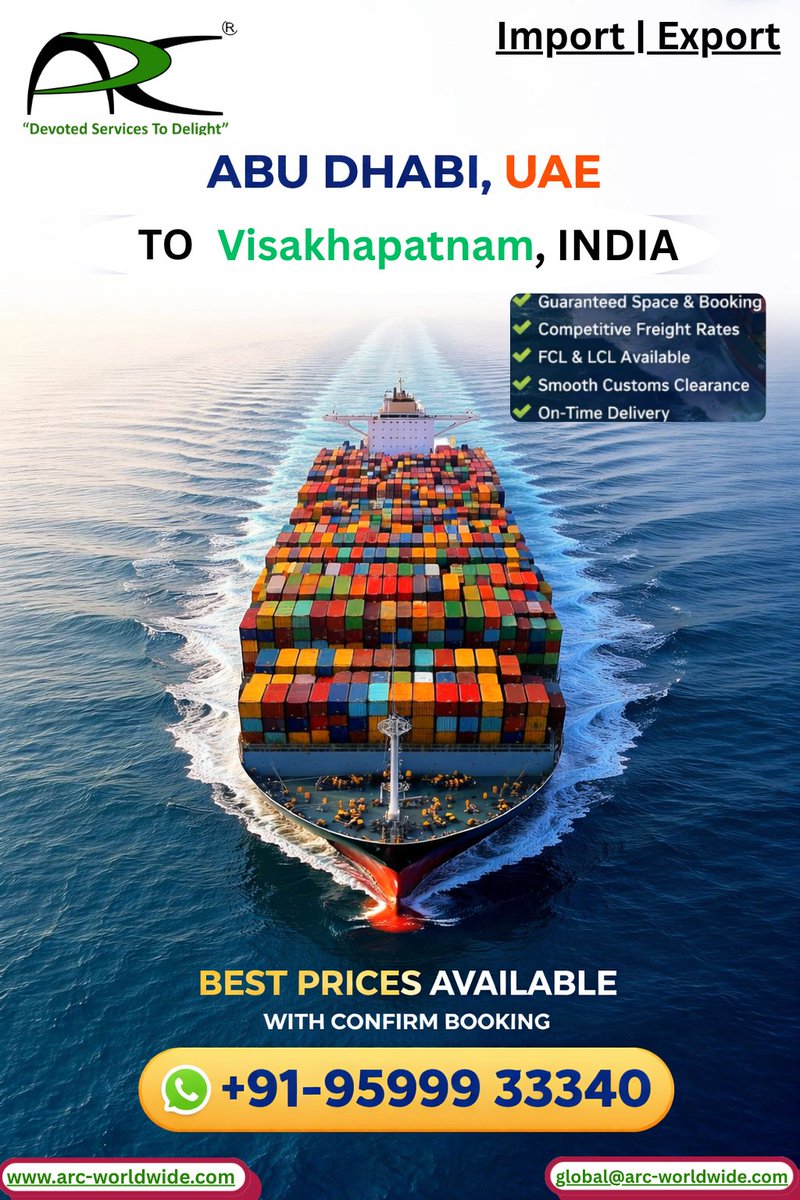 arcworldwideltd's tweet photo. Arc Worldwide offers ocean freight services from Abu Dhabi, UAE to Visakhapatnam, India with best prices and confirmed bookings.
Contact +91-95999 33340 or email global@arc-worldwide.com
for fast quotes.
https://t.co/cn4l9AjZW6
#ArcWorldwide
#OceanFreight
#SeaFreight
#SeaCargo https://t.co/5HUFHzL0su