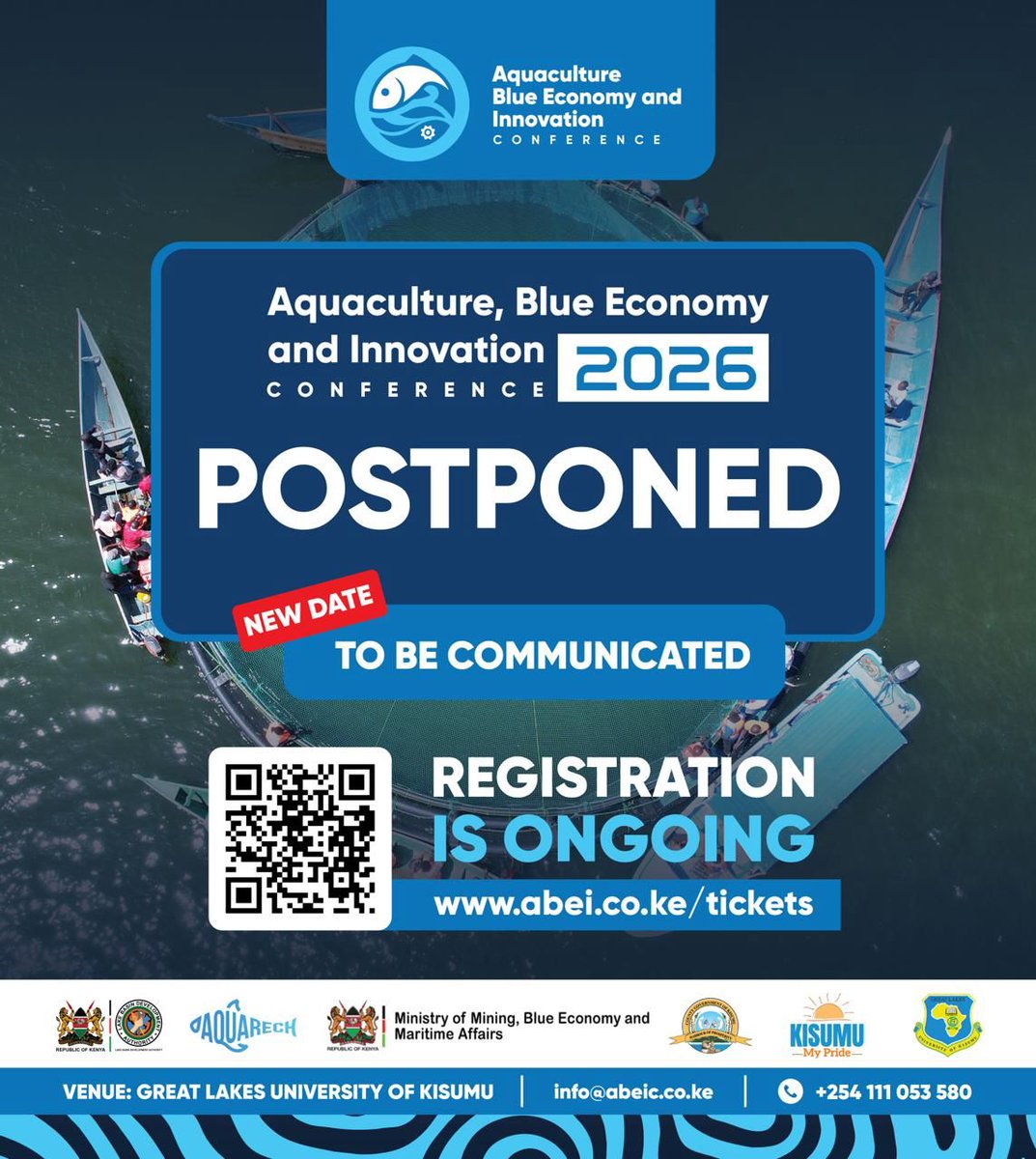 LBDAgov's tweet image. 𝐍𝐨𝐭𝐢𝐜𝐞 𝐨𝐟 𝐏𝐨𝐬𝐭𝐩𝐨𝐧𝐞𝐦𝐞𝐧𝐭.
Registration ongoing.
Visit abei.co.ke/tickets to register.
#ABEIC2026 
#AquacultureInnovation #BlueEconomy #SmartSustainableDevelopment