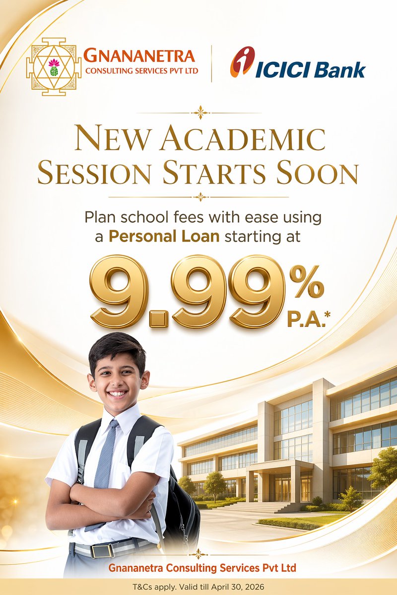 Gnananetra29225's tweet image. Plan school fees the smart way this academic season 🎓

With Gnananetra Consulting Services Pvt Ltd &amp;amp; ICICI Bank, get Personal Loans starting at 9.99% P.A.*

✔ Easy process
✔ Quick approval

🌐 : gnananetra.com

 #EducationLoan #FinanceSmart #BackToSchool  #gncs