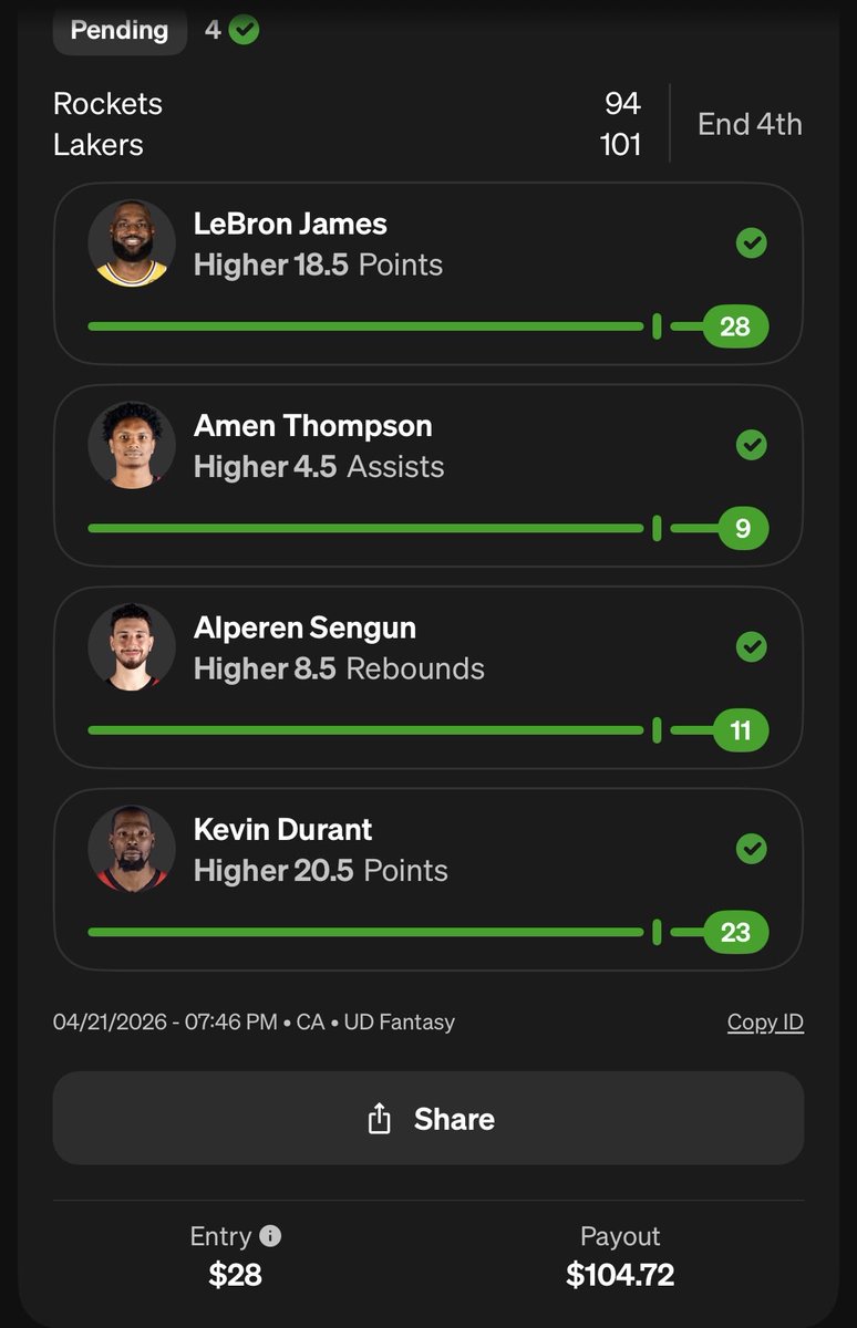 OddsOutlawBets's tweet photo. This was sweatier than it needed to be. Sengun’s performance was absolutely unbelievable, but he clutched up and locked up the parlay. 

$28->$105 

Build the bankroll and we’ll start spamming higher bets. Let’s get it Outlaws. 

#NBA #Sportsbets #Playoffs https://t.co/zb5MNnSLIm