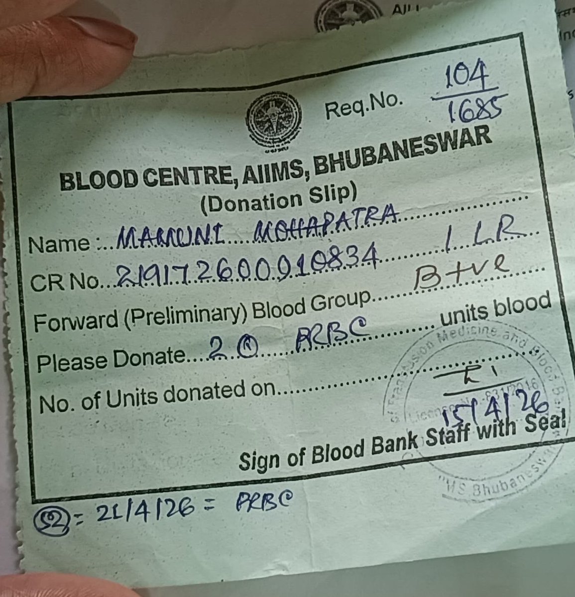 TapasKumarSwain's tweet photo. Pt name : Mamuni Mohapatra
Need any group
AIIMS, Bhubaneswar
Att no : +91 90785 45935
#urgent
@BloodMattersorg @AIIMSBhubaneswr 
@BloodForOdisha @Blood_Odisha @Blood4Odisha @cpbbsrctc @YuvaKalinga @BBSRBuzz 
Please try to solve https://t.co/vQ1Q3lo7fW