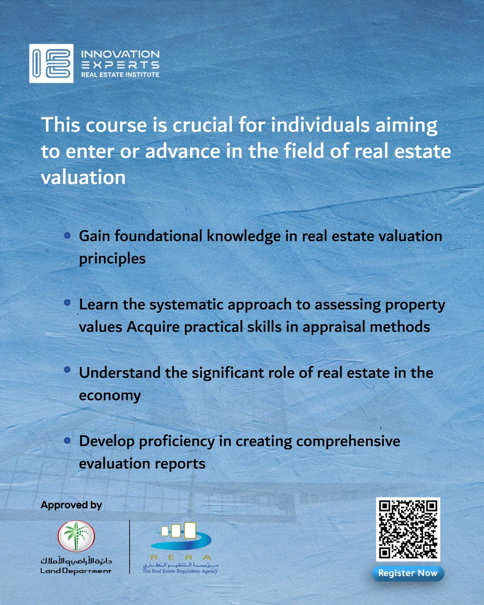 IEREI_AE's tweet image. Our comprehensive "Real Estate Valuers Training Certificate" course equips you with the knowledge and expertise to become a certified professional.

Enroll now and reserve your spot in the course.

#IEREI #realestate #NLP #dubairealestate #negotiation #luxury #dubailife #mydubai