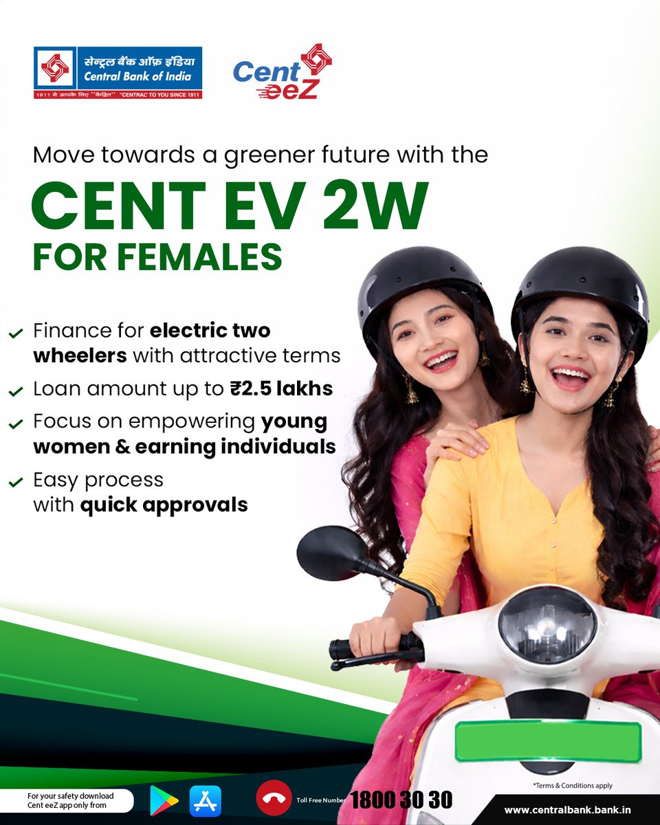 centralbank_in's tweet image. Choose the eco-friendly way with Cent EV 2W Loan. Get up to ₹2.5 lakhs with easy approvals and drive towards a greener future.

#EVLoan #GreenMobility #WomenEmpowerment #CentralBankOfIndia #CentralToYouSince1911