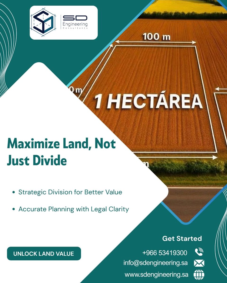 SD__Engineering's tweet image. Maximize Land, Not Just Divide
At SD Engineering Consultants, we help you unlock the full value of your land with strategic divisionand accurate planning. 

 sdengineering.sa
#LandMaximization #LandDivision #LegalClarity #SDConsultants #PropertyPlanning #UnlockLandValue