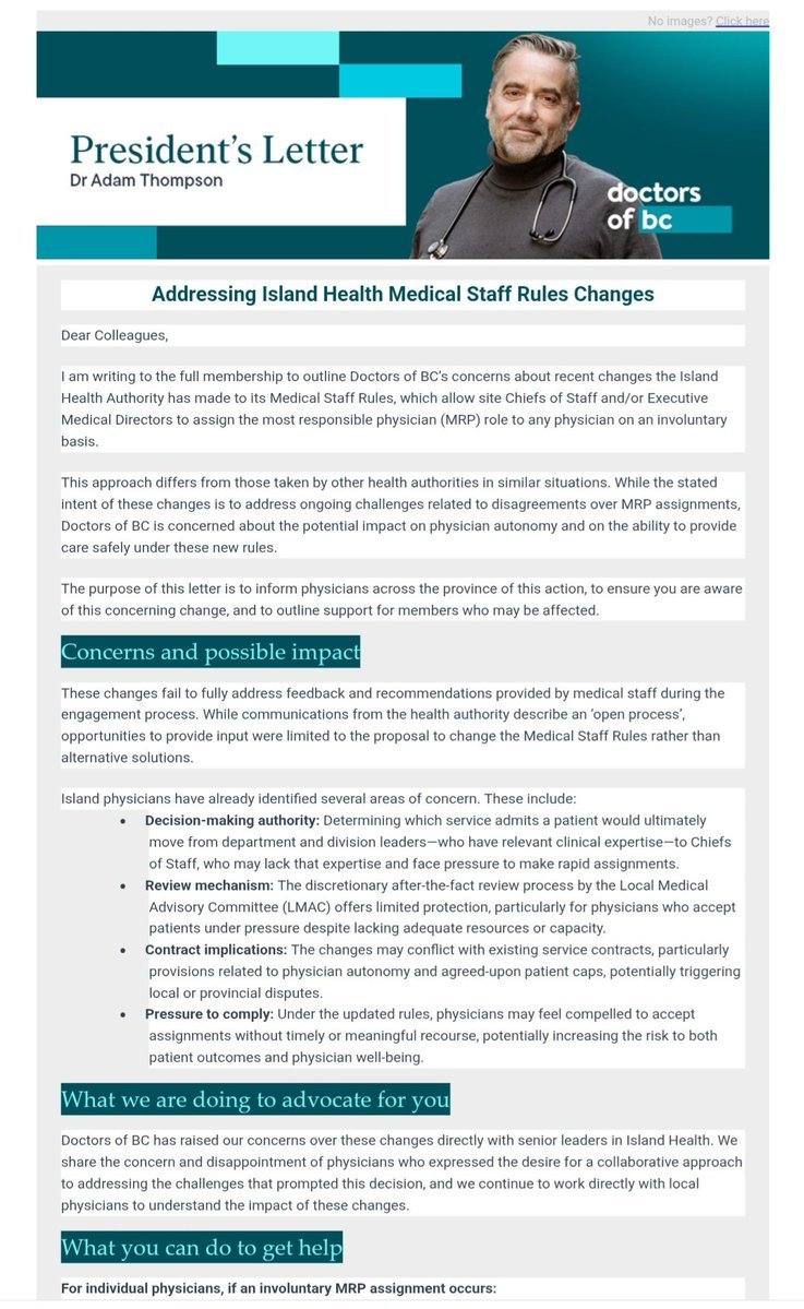 DrKindyMLA's tweet photo. What is happening with Island Health is a perfect example of a top down approach without input from the frontlines to deal with the  crisis of "unattached patients" in hospitals because of staffing issues. 
Unattached patients are admitted patients kept in the ER departments because of inadequate number of doctors, including hospitalists, to follow these patients on the ward of the hospital.
The doctors following these admitted patient on the ward are called MRP (most responsible physician)

Many doctors at Island Health have been advocating for months to be able to continue with an innovative solution they had come up with to address this issue of unattached patients. 
This solution was not only collaborative, but good for nurses, doctors and patients.
It allowed for better recruitment and retention of the frontlines.

Rather than collaboration, the Minister of Health and Island Health chose a top down approach. 
They will now be forcing doctors, on an involuntary basis, to take the MRP role. This not only impacts physician autonomy but puts patient safety at risk.

This decision by the minister and Island Health will ultimately drive more doctors and nurses out of BC, the last thing needed to address this health crisis.