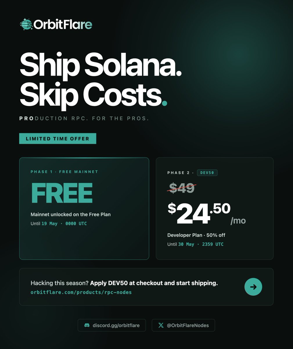 <a href="/colosseum/">Colosseum</a> Frontier hackers - your RPC bill just hit $0.🚀

<a href="/OrbitFlareNodes/">OrbitFlare</a> heard you and we're thrilled to announce: 

→ FREE mainnet RPC until 19 May · 00:00 UTC
→ 50% off Dev plan with DEV50, until 30 May

🔗 Building to win? Start here - orbitflare.com/products/rpc-n…