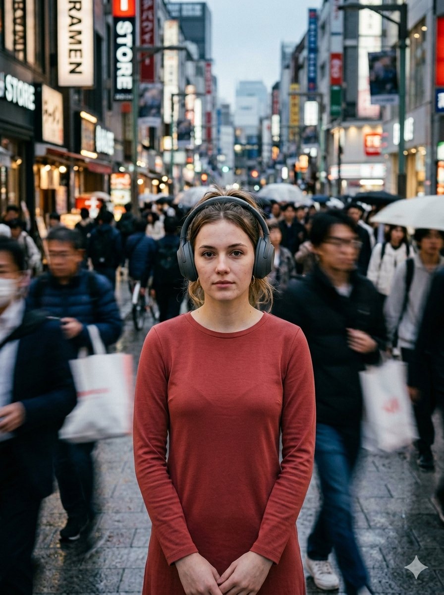 Image on Gemini Nano Banana 

Prompt:
​A hyper-realistic cinematic portrait of a young woman standing perfectly still in the center of a crowded, rain-slicked street in Tokyo at dusk. She is wearing large over-ear noise-canceling headphones and a simple long-sleeved rust-colored