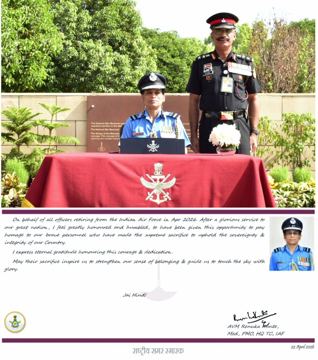 salute2soldier's tweet image. On behalf of officers retiring from the #IAF after years of valour, duty &amp;amp; devoted service, Air Vice Mshl Renuka Kunte, Med, PMO, HQ TC, laid a wreath at #NationalWarMemorial—bowing in silent gratitude to immortal #Bravehearts whose sacrifice keeps our skies forever free.