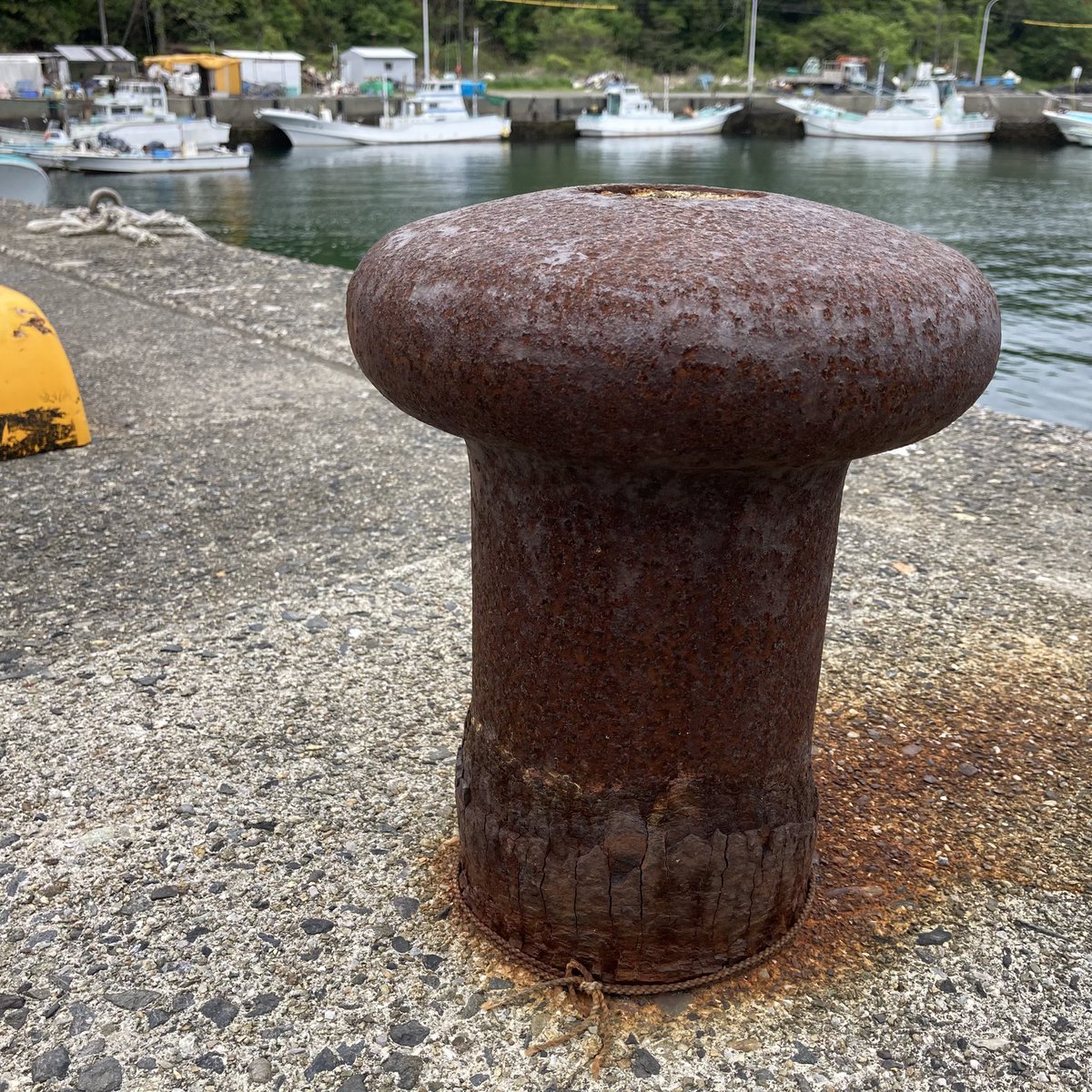 Harushion's tweet image. 4/22 週の真ん中水曜日は曇り☁️湿度が高く蒸すな

 気圧の変化や天気での身体の不調注意⚠️

体調悪いな（お金も無いし）

も〜無理よPCは🖥️替えたい

Switch2は買えた🎮

曇天模様の空の下の舫杭

#舫杭 #bollard #伊勢志摩 #海鮮市場 #丸保商店 #伊勢海老 #あのりふぐ #海産問屋の宿まるやす #気象病