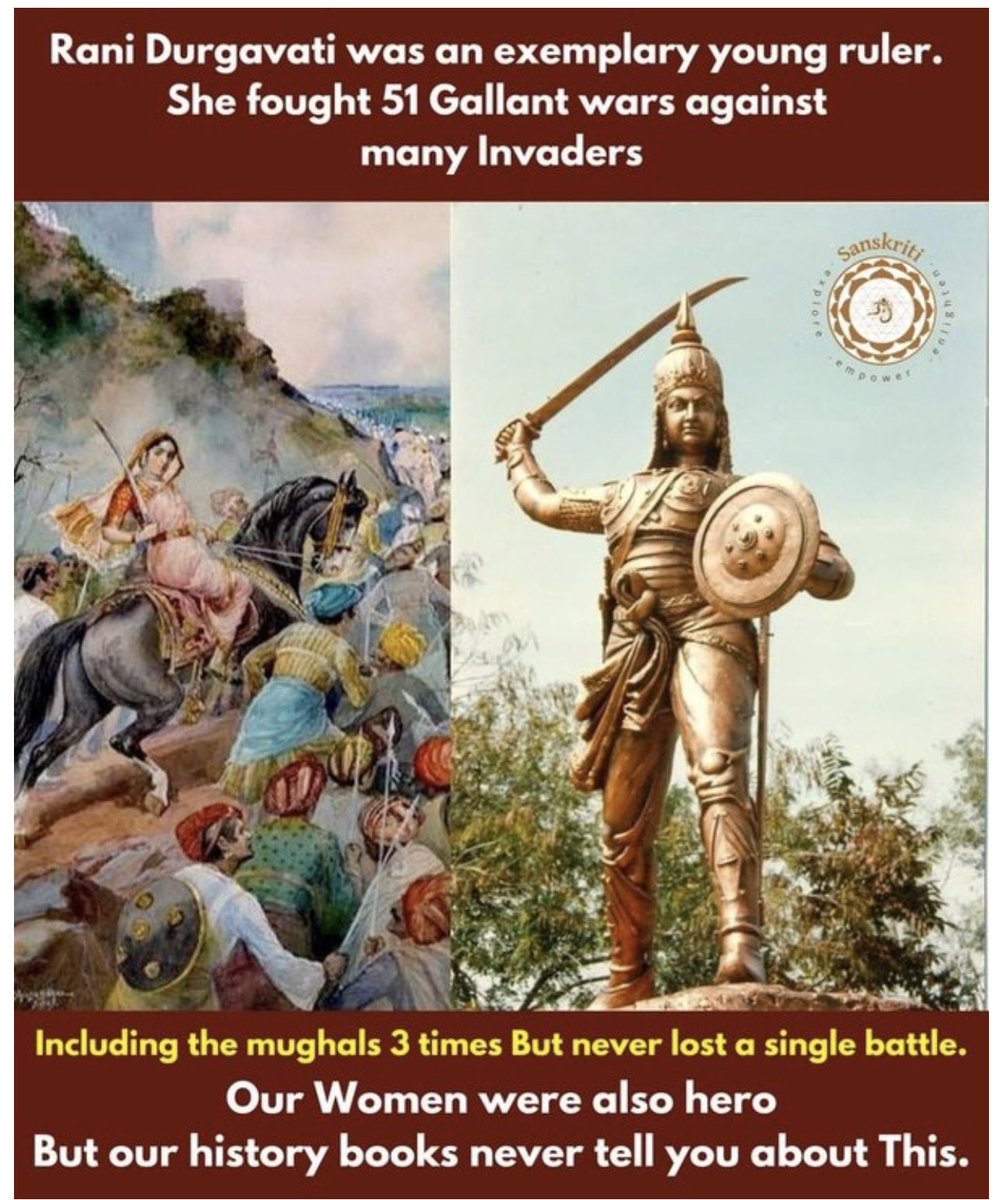 Eternaldharma_'s tweet photo. Rani Durgavati was an exemplary young ruler.

She fought 51 Gallant wars against many Invaders Including the mughals 3 times But never lost a single battle.

Our Women were also hero But our history books never tell you about This. https://t.co/jpcYlW7ZqB