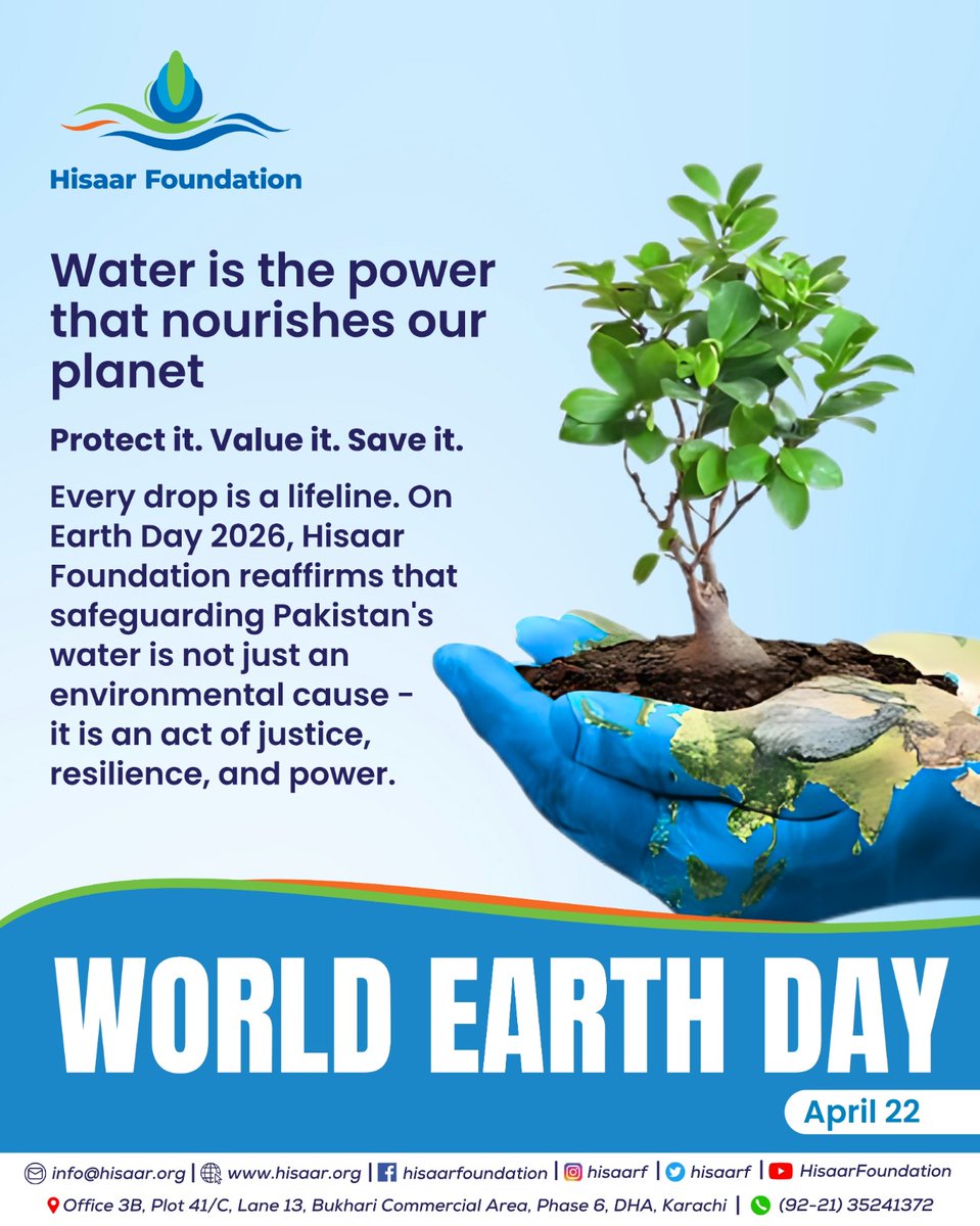 HisaarF's tweet image. On Earth Day 2026, Hisaar Foundation reaffirms its commitment to protecting Pakistan’s most vital resource — water.

From access and conservation to awareness and action, safeguarding water is central to building resilient communities and a sustainable future for all.
#earthday