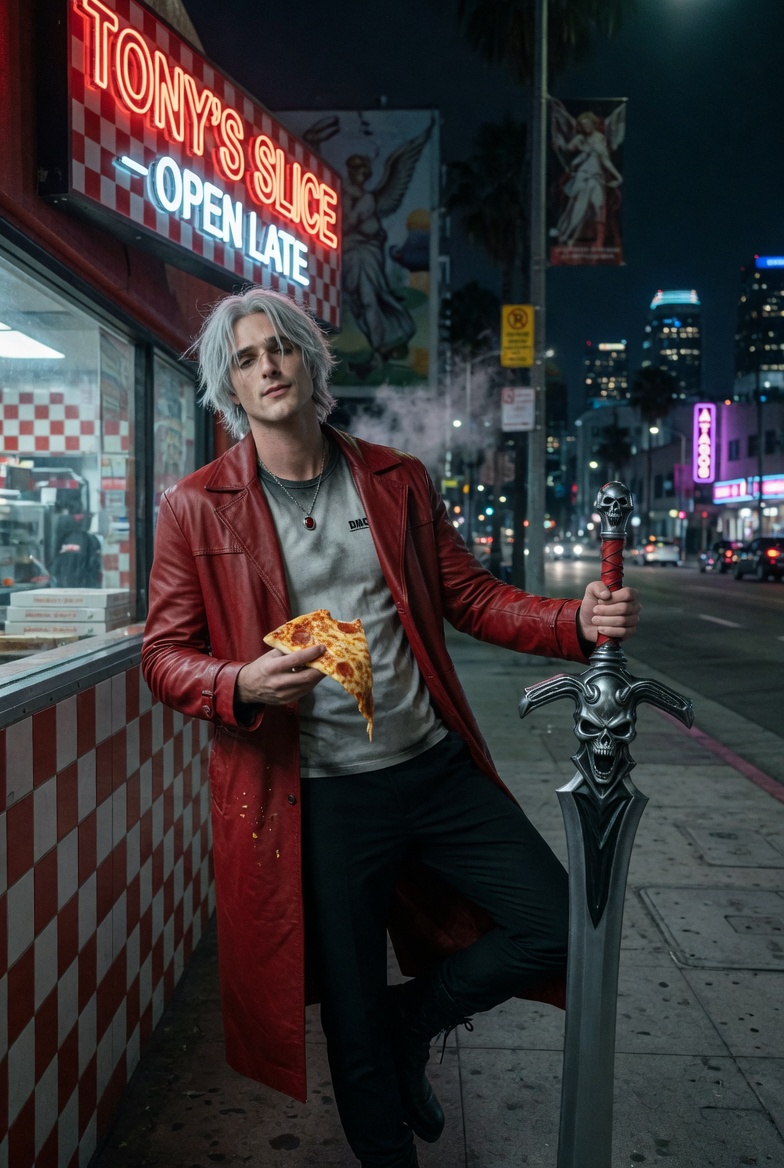 My idea for this version of Dante is that he is a 2000s kid. He likes Nu Metal, he likes action films, and he's a huge fan of Supernatural. His favorite character from Supernatural is Dean Winchester. He models his persona on Dean, especially when he's out hunting demons.