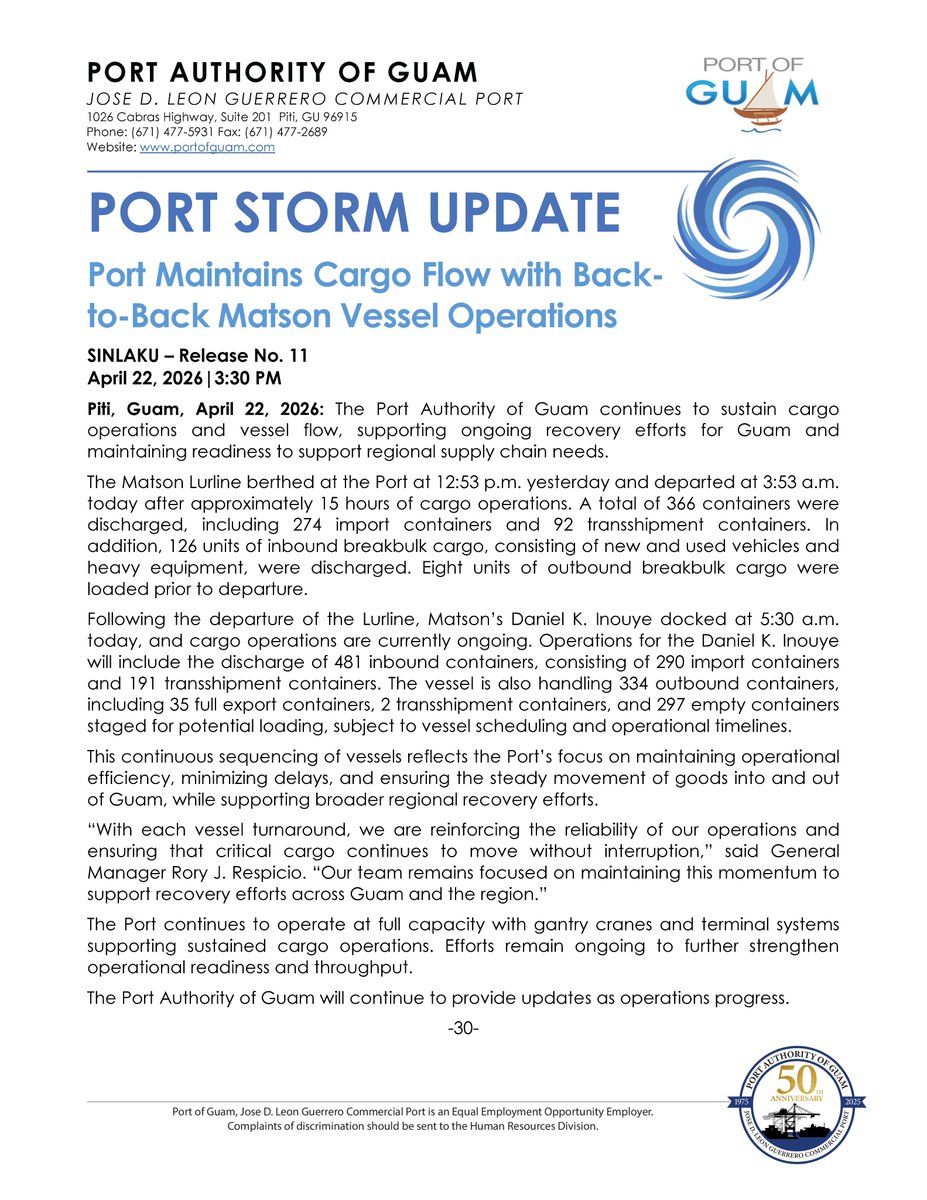 GuamPort's tweet photo. Port Maintains Cargo Flow with Back-to-Back Matson Vessel Operations

The Port Authority of Guam continues to sustain cargo operations and vessel flow, supporting ongoing recovery efforts for Guam and maintaining readiness to support regional supply chain needs. https://t.co/JAJ1v2tmrM