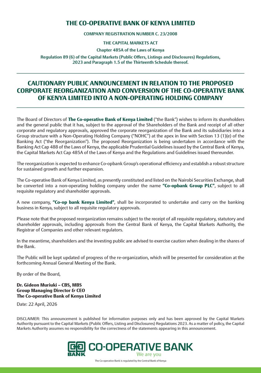 MaudhuiHouse's tweet photo. The Co-operative Bank of Kenya is overhauling its structure in a shift that promises to shake up its operations, just as regulator CBK pushes for clearer and more resilient group frameworks https://t.co/Lbzhh55Rzm https://t.co/rH0QuzDM8N