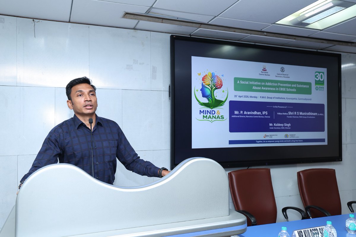 ncbchennai's tweet photo. NCB Chennai
• 📅 “Mind &amp; Manas” – 20.04.2026
• 📍 RMK Group, Kavaraipettai
• 🎤 P. Aravindhan, IPS &amp; Kuldeep Singh, CBSE
• 👥 229 participants | 130 schools
• ⚠️ Drug abuse awareness
• 🤝 MoU: NCB–CBSE
• 📞 MANAS: 1933
#NashaMuktBharat #DrugFreeIndia https://t.co/k5klLQRkmB