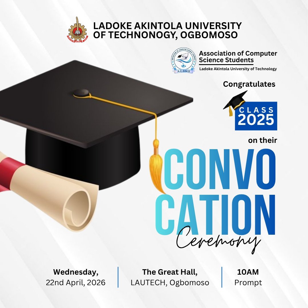 acomslautech's tweet image. 🎓 Class of 2025, it’s your moment!
Congratulations on your Convocation Ceremony, a celebration of years of hard work, growth, and resilience.

🗓️ April 22
📍 Great Hall, LAUTECH
⏰ 10AM Prompt
The journey continues 🚀
#LAUTECH #Convocation #ClassOf2025