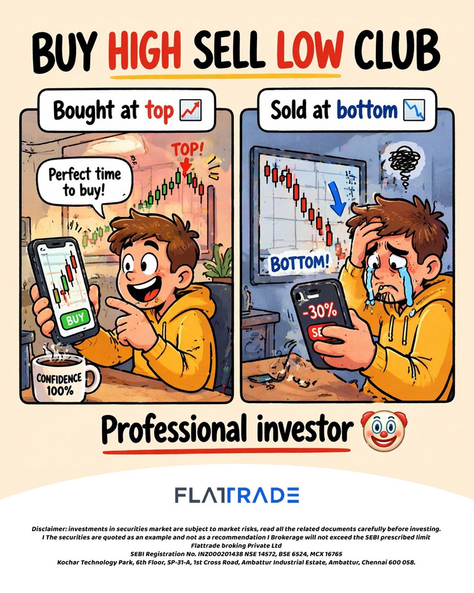 Flattradein's tweet image. We’ve all been here 😅
Buy at the top.
Sell at the bottom.
Markets don’t test your knowledge.
They test your patience. 

#funnymeme #flattrade #zerobrokerage #stockstowatch #stockmarketindia #financialliteracy #marketswithft #stocks
