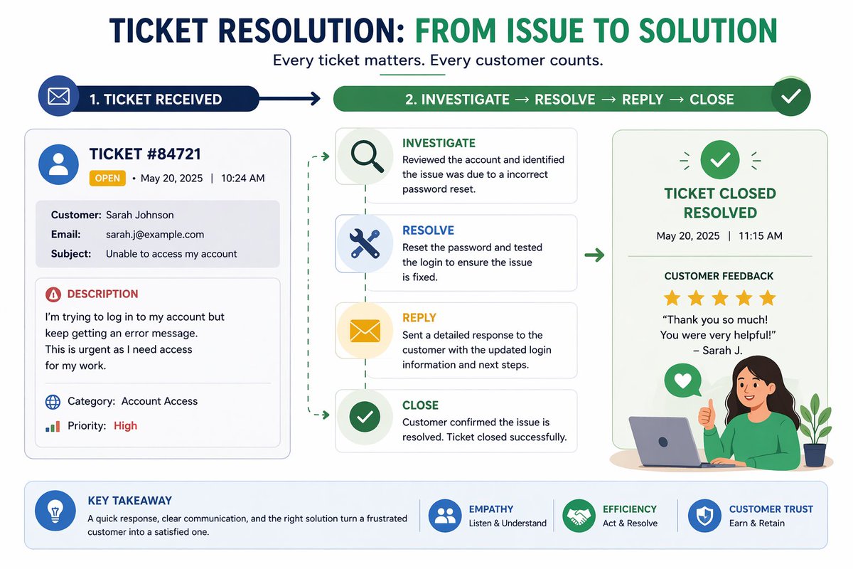 Rochell41972388's tweet image. Today marks Day 15 of the 20-day visibility challenge with @remotetrybe, hosted by @odosaabi.

Ticket Resolution Flow 🎫

Receive → Investigate → Resolve → Reply → Close
Quick response + clear communication = happy customer 😊

#CustomerSupport #CRM #Helpdesk