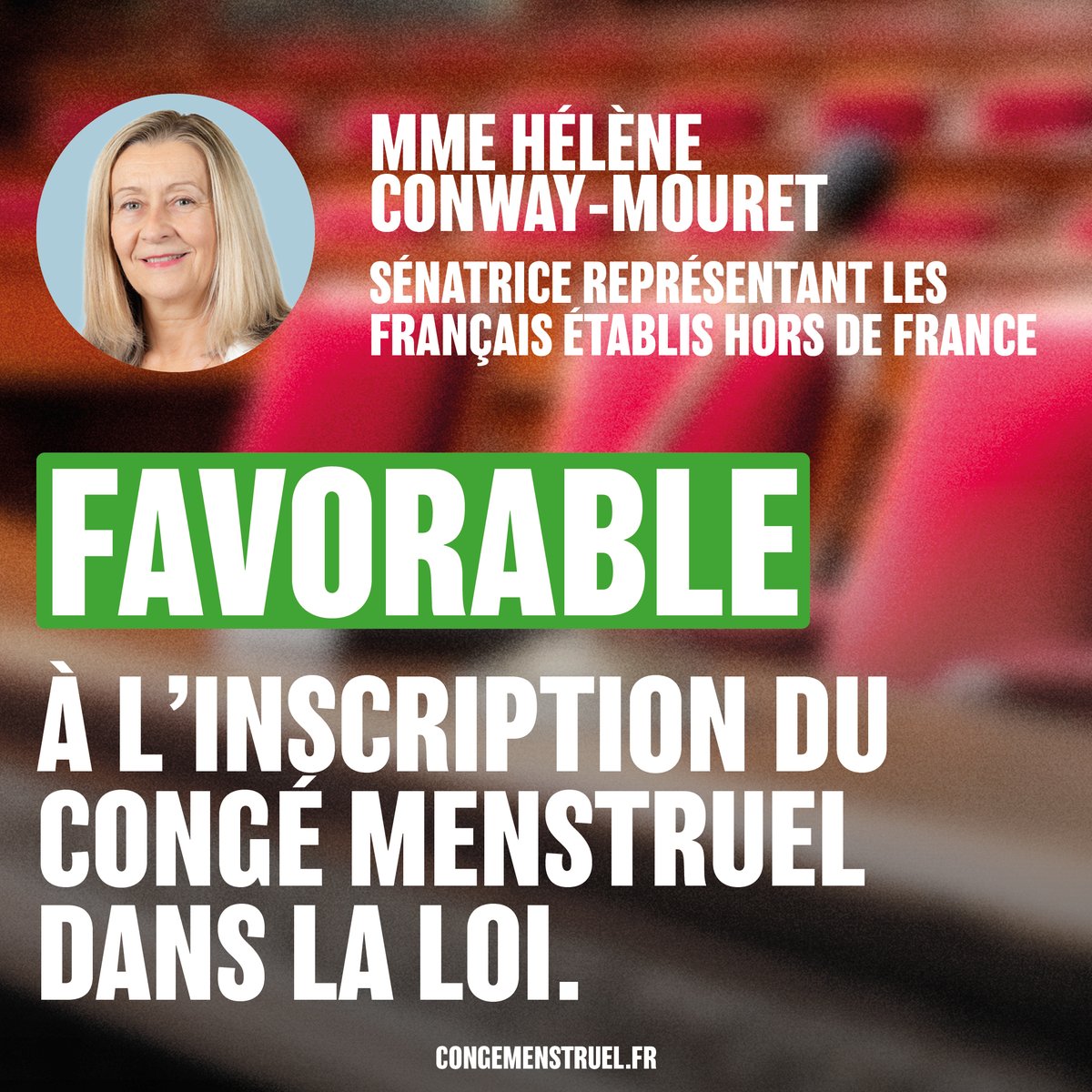 UNSA_officiel's tweet image. ✅ FAVORABLE au congé menstruel dans la loi

Mme Hélène Conway-Mouret @HConwayMouret

Sénatrice des Français de l’étranger

Groupe Socialistes

Merci pour ce soutien.

Positions des parlementaires au #CongeMenstruel👇
Mobilisation #UNSA