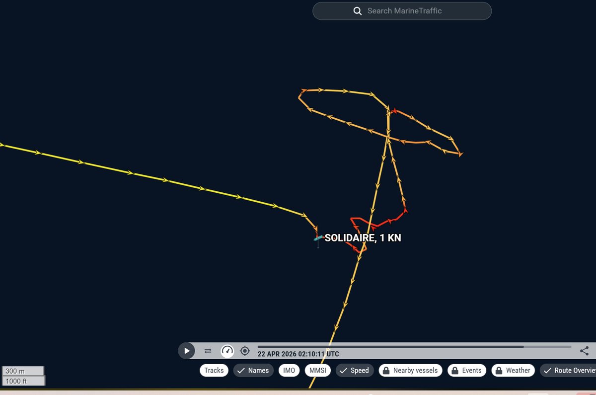 TrafficoNaviOnc's tweet image. 22.04.2026 #Solidaire dalle 02.10 alle 03.02 UTC fa un' altra misteriosa fermata 102 nm dalla costa libica 90.6 nm dal Lampedusa .
Sarà il 2° recupero di questo viaggio?