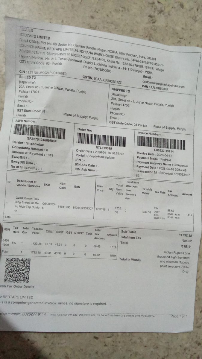 Tushar_ctx's tweet photo. Dear @RedTapeindia @RedTape 
Ordered shoes from RedTape but received the wrong size. Now the order isn’t even showing in my account history, and there’s no response to my emails. This is really frustrating. Please resolve this ASAP and provide me a replacement. Bill is attached. https://t.co/WB9t1zZhb1