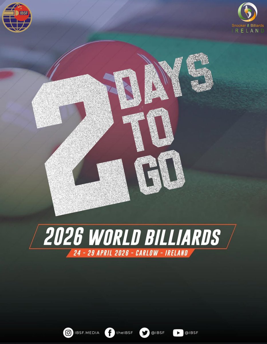 ibsf's tweet photo. Only 2 DAYS TO GO 

The world’s best are ready to clash at the 2026 World Billiards Championship 

Who’s taking the title? 

#WorldBilliards2026 #IBSF #BilliardsCountdown #SnookerAndBilliards #CarlowIreland https://t.co/I5Rd0KbW43