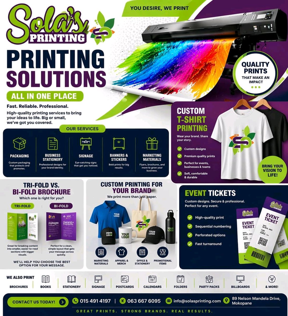 Pages_Potties's tweet image. Need printing that stands out? Sola's Printing has you covered! From marketing materials to custom apparel, we bring your designs to life with precision &amp;amp; flair. Contact us now: 📍89 Nelson Mandela Drive, Mokopane, 063 667 6095. #QualityPrinting #SolasPrinting #MokopaneBusinesses