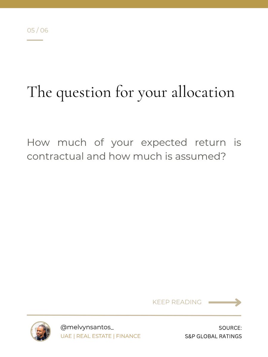 MelvynSantos_'s tweet image. How much of your expected return is contractual and how much is assumed? It's worth knowing before the next allocation decision. 
There are two types of cash flow in real asset investment. 

PART 2

#CapitalAllocation  #UHNW #WealthManagement #InvestmentStrategy