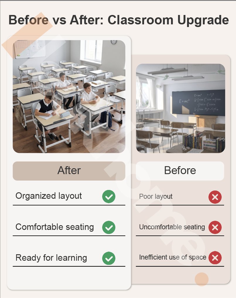 TeaenL93168's tweet image. School Furniture: What Makes the Difference?✏️
Quality furniture for better learning.
Ergonomic &amp;amp; smart layout for comfort &amp;amp; efficiency.✨
Effective, Organized, Comfortable classrooms.
🌐 leukhome.com 
#Leukhome #SchoolFurniture #ClassroomDesign #BeforeAfter