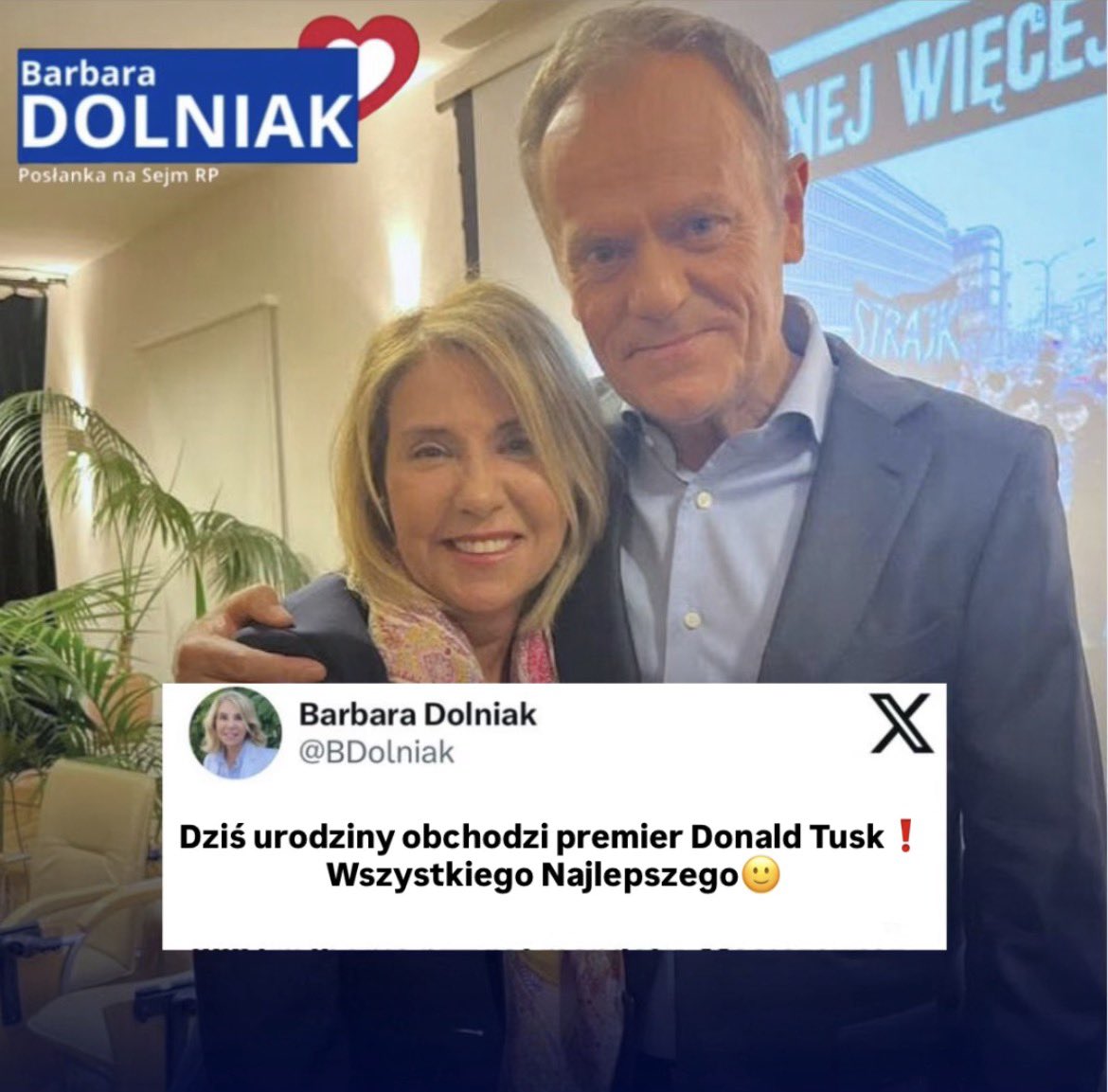 Dziś urodziny obchodzi premier <a href="/donaldtusk/">Donald Tusk</a> ❗
Wszystkiego Najlepszego🙂
A Państwo jakie miłe życzenia składają Premierowi?
#DonaldTusk #KoalicjaObywatelska #BarbaraDolniak