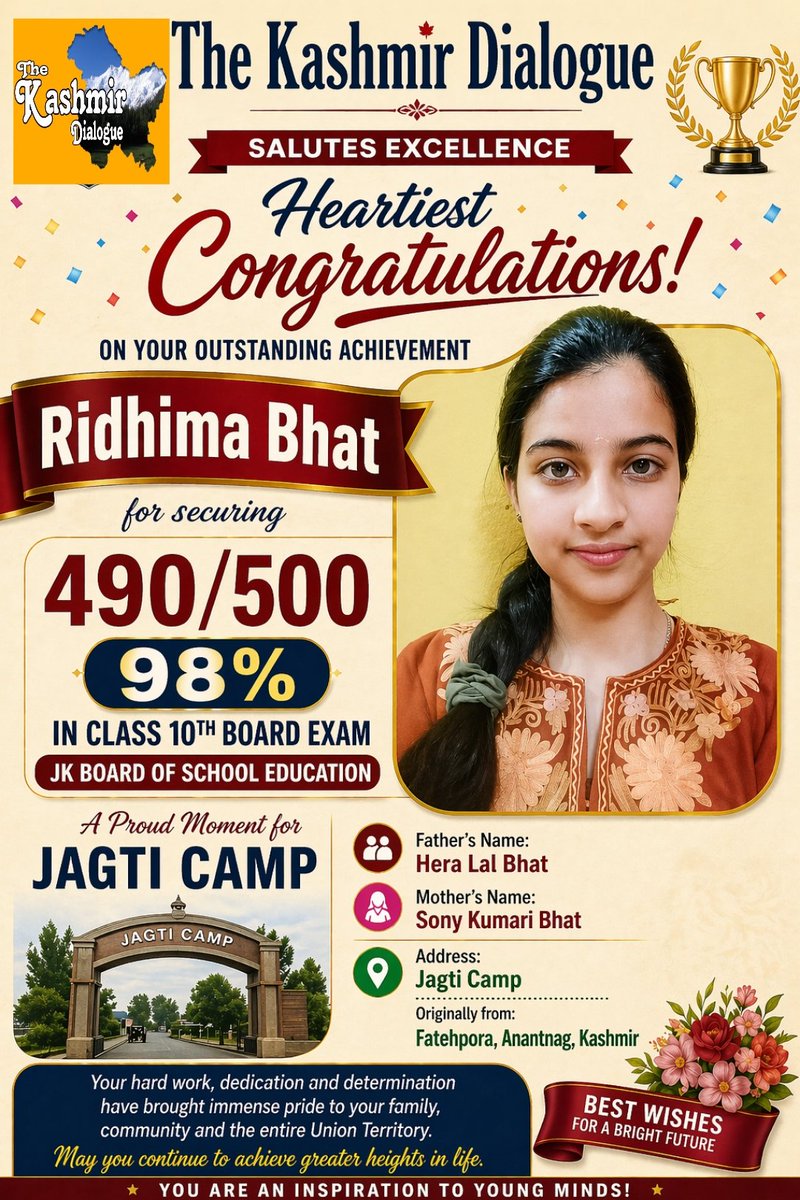 vijayraina71's tweet photo. 🌟 Proud Moment for the Community 🌟

Heartiest congratulations to Ridhima Bhat on her outstanding achievement of securing 490/500 marks (98%) in the Class 10th Board Examination. 🎉

Daughter of Sh. Hera Lal Bhat and Smt. Sony Kumari Bhat, Ridhima has brought immense pride to her family and the entire community with her hard work, dedication, and excellence.

Originally hailing from Fatehpora, Anantnag (Kashmir) and presently residing in Jagti, her success stands as an inspiration for all young students.

May she continue to achieve greater heights in life.
Wishing her a bright and successful future ahead. 🌸