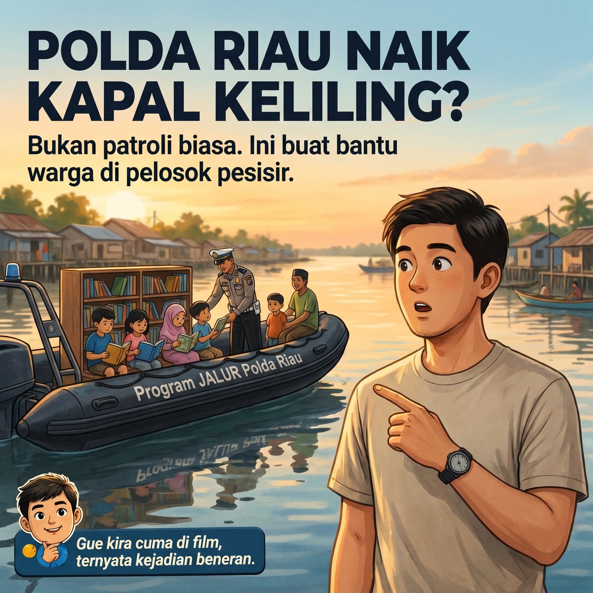 CumaTetanggaAja's tweet photo. Polisi naik kapal keliling bawa buku, dokter, sampai bantuan sosial. Inilah Program JALUR (Jelajah Riau untuk Rakyat) dari Polda Riau. #PoldaRiau #KapoldaRiau #ProgramJALUR https://t.co/6BV3YsMvMq