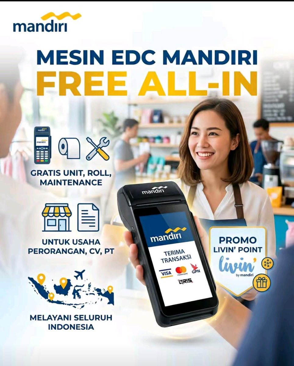 Usaha masih cash only? 😳
Hati-hati kehilangan customer!
Sekarang orang lebih suka bayar pakai kartu dan qris 💳
Pakai EDC Bank Mandiri:
✔ Praktis
✔ Aman
✔ Tingkatkan omzet
DM untuk info &amp; daftar khusus wilayah Jabodetabek🚀
#Edc #Mandiri #Transaksi #Gratis