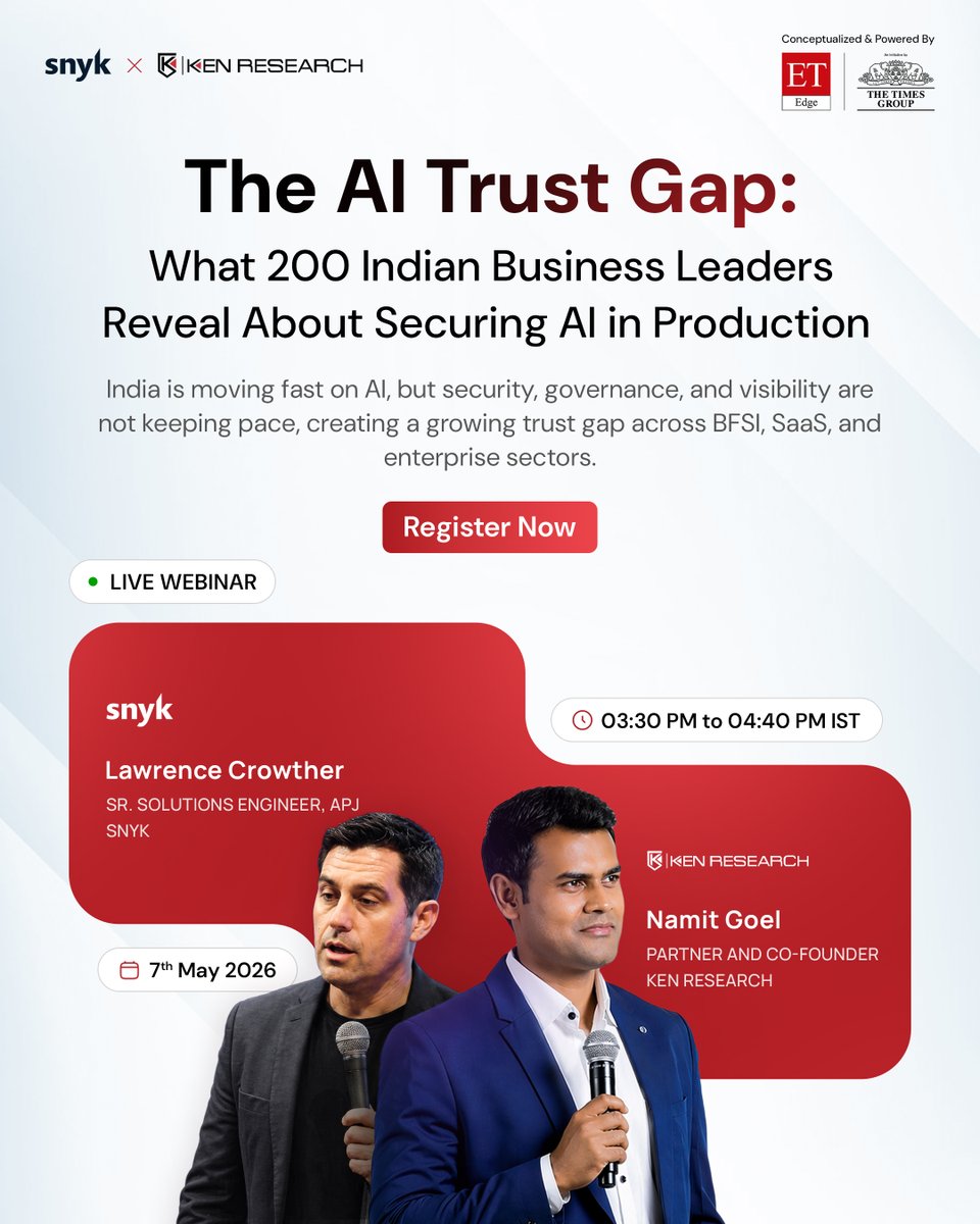 India is scaling AI fast, but security and governance are lagging. Insights from 200 Indian business leaders reveal a growing AI trust gap. Join Ken Research × Snyk to explore risks and solutions. 
Register now: kenresearch.com/webinar/the-ai…
#AI #AISecurity #Webinar
