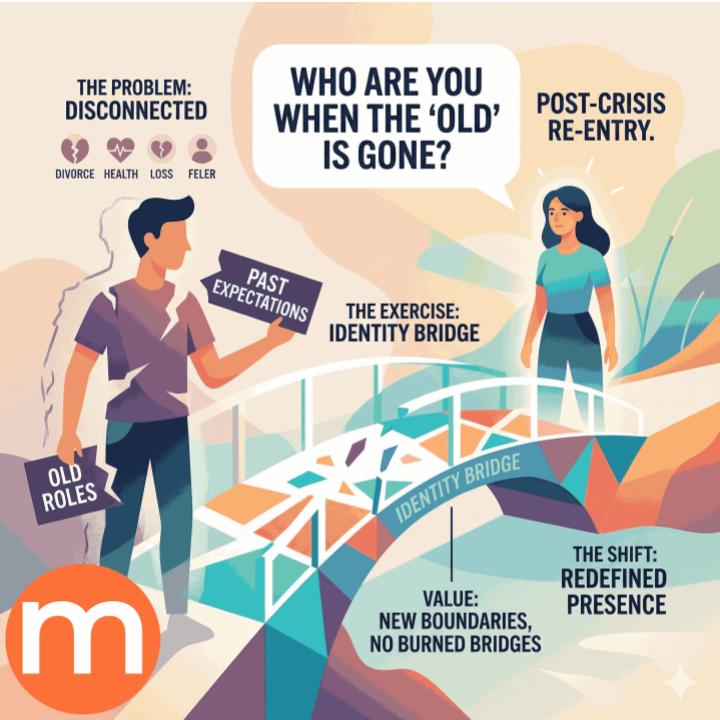 Who are you when the "old you" is gone? Post-crisis "re-entry" is hard. You don't fit your old roles anymore.
The Solution: The Identity Bridge. Communicate new boundaries without burning bridges.
Shift from a loss of self to a redefined presence. 🔄✨