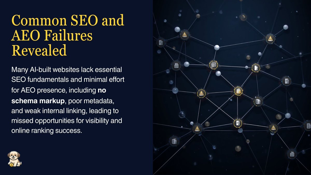 Codepupai's tweet image. We tested 50+ AI-built websites.

They looked great.
But didn’t rank.
No schema.
Weak metadata.
Poor linking.

And now with AI search → they don’t get cited either.
SEO is old. AEO is now.
CodePup fixes both. 🚀

#SEO #AEO #SaaS #AIMarketing #Startups